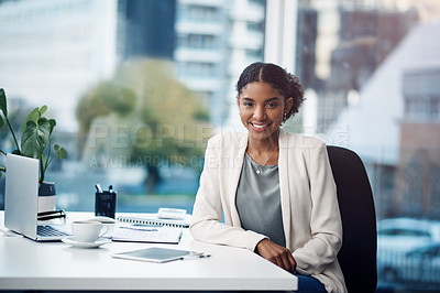 Buy stock photo Desk, laptop and portrait of business woman in office, working on online project, planning and research. Corporate worker, insurance consultant and person with computer for website, report and review