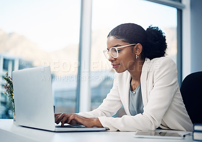 Buy stock photo Businesswoman, typing and laptop in office and working, corporate and online project for website. Internet, search and information on tech, reading email and report with web designer in workplace