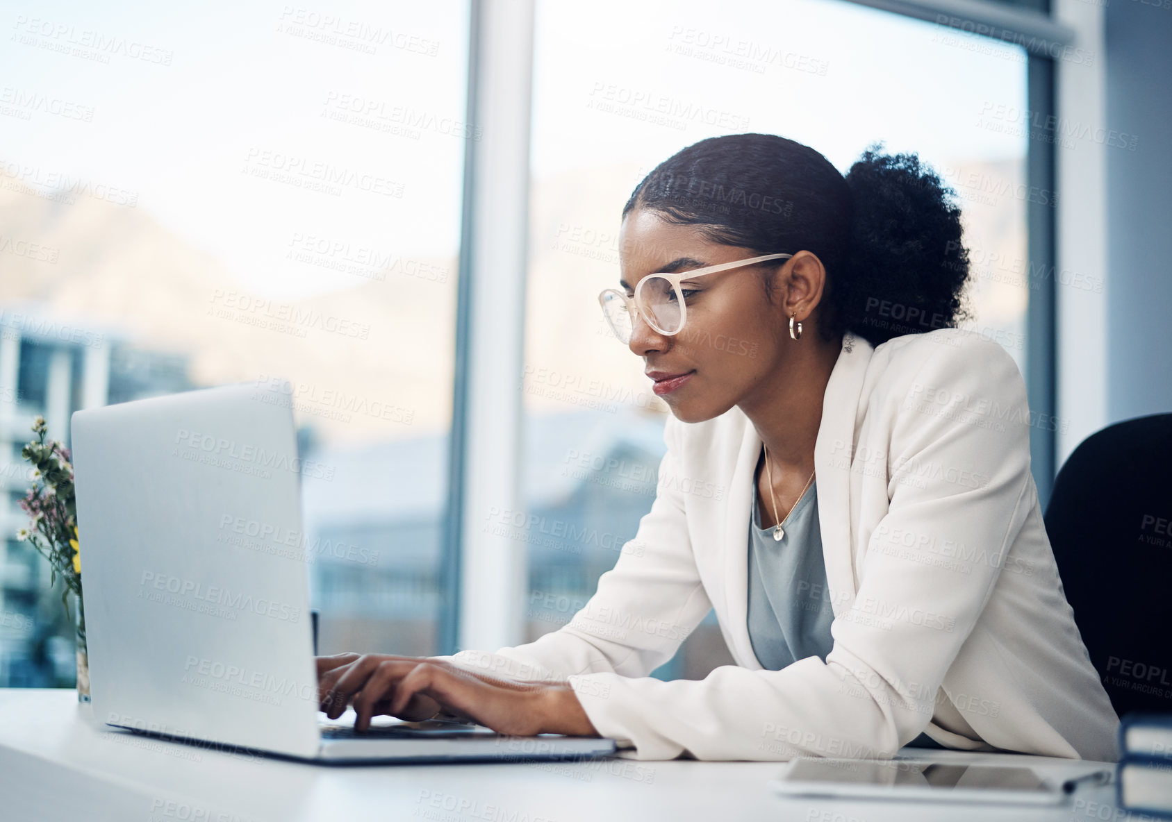 Buy stock photo Businesswoman, typing and laptop in office and working, corporate and online project for website. Internet, search and information on tech, reading email and report with web designer in workplace