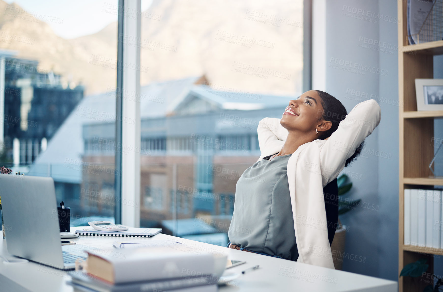 Buy stock photo Laptop, stretching and black woman in office with smile, satisfaction and achievement for financial project. Relax, success and happy consultant at desk with deal, growth or development at agency