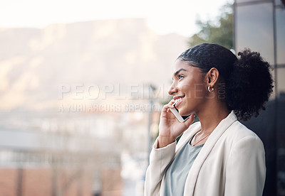 Buy stock photo Phone call, city and business black woman on balcony for planning, talking and networking in town. Communication, professional and worker on smartphone in conversation, speaking and online chat