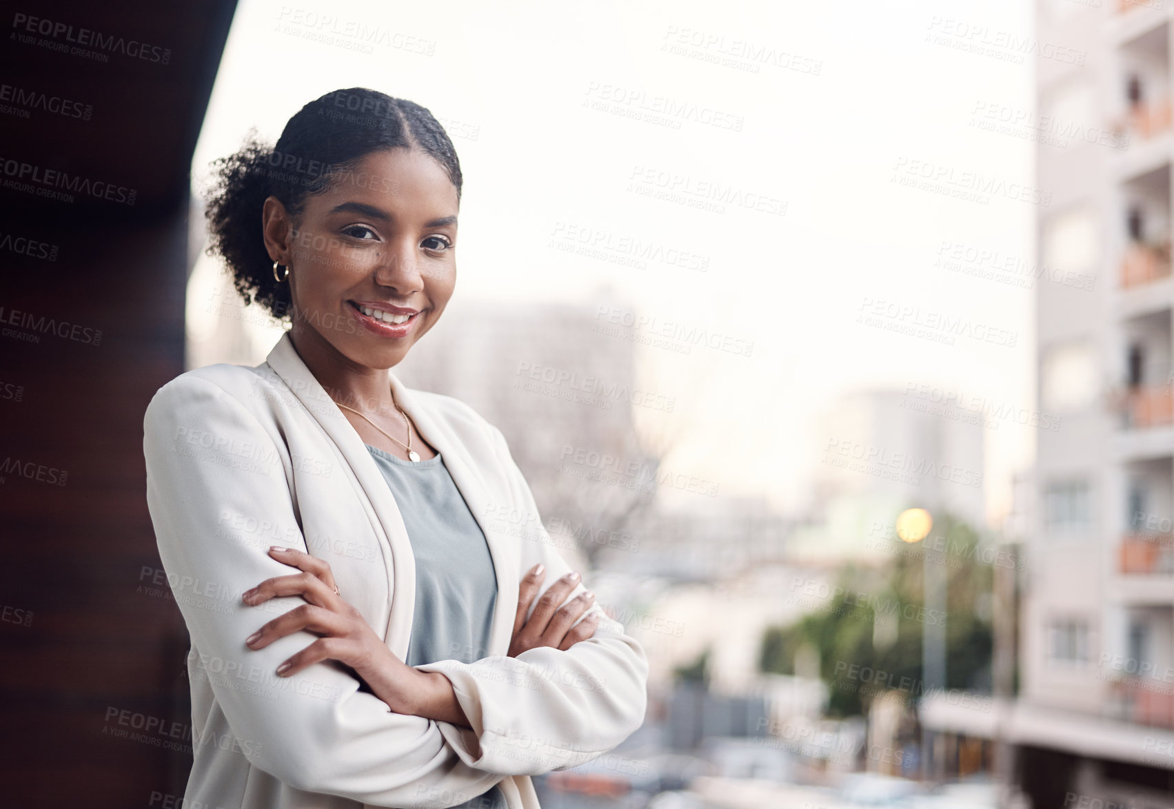 Buy stock photo Crossed arms, balcony and portrait of business woman with confidence, company pride and startup ideas. Professional, office and happy person in workplace for career, job and working by building