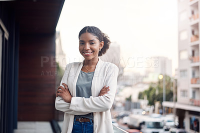 Buy stock photo Crossed arms, city and portrait of business black woman with confidence, company pride and startup ideas. Professional, office and person in workplace for career, job and work opportunity on balcony
