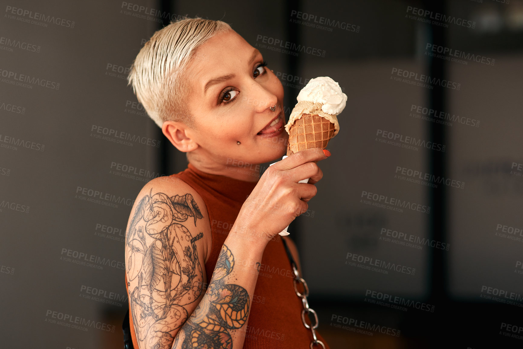 Buy stock photo Woman, ice cream and portrait in city, summer and holiday with fashion, happy and memory on sidewalk. Girl, gelato and sugar cone with lick in metro street with smile, dessert and outdoor in town