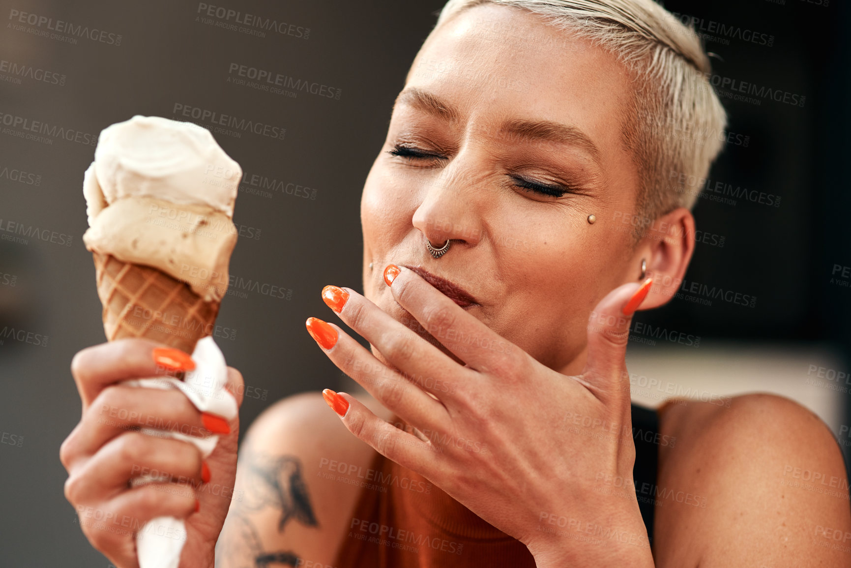 Buy stock photo Woman, ice cream and laugh in street, summer and holiday with fashion, sorbet and memory on sidewalk. Girl, gelato and sugar cone with smile in metro with thinking, dessert and mess outdoor in town