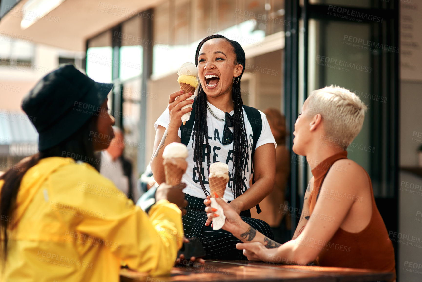 Buy stock photo Friends, girls and laughing outdoor for ice cream with dessert, summer snack and funny conversation in city. Group, people and happy with cone for relax, bonding and comic gossip story in urban town