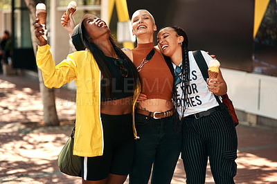 Buy stock photo Woman friends, ice cream and street in city with edgy gen z fashion, summer and happiness on travel. Group, young women and students with smile, gelato or dessert on vacation with crazy laughing