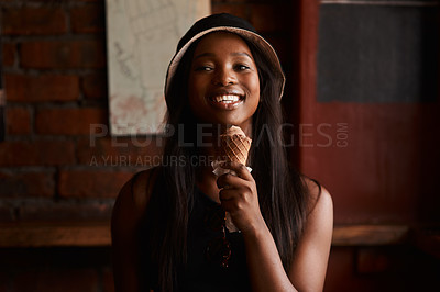 Buy stock photo Smile, cafe and black woman with ice cream for eating, laugh and frozen dessert for fun student. Relax, restaurant and happy face of gen z girl in gelato shop with summer snack on college vacation