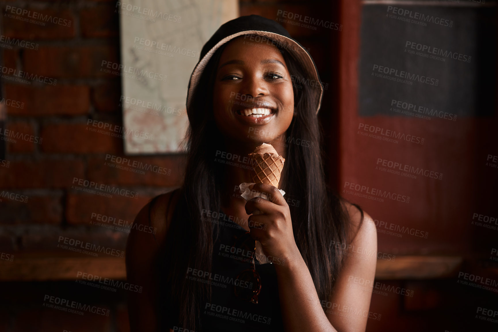 Buy stock photo Smile, cafe and black woman with ice cream for eating, laugh and frozen dessert for fun student. Relax, restaurant and happy face of gen z girl in gelato shop with summer snack on college vacation