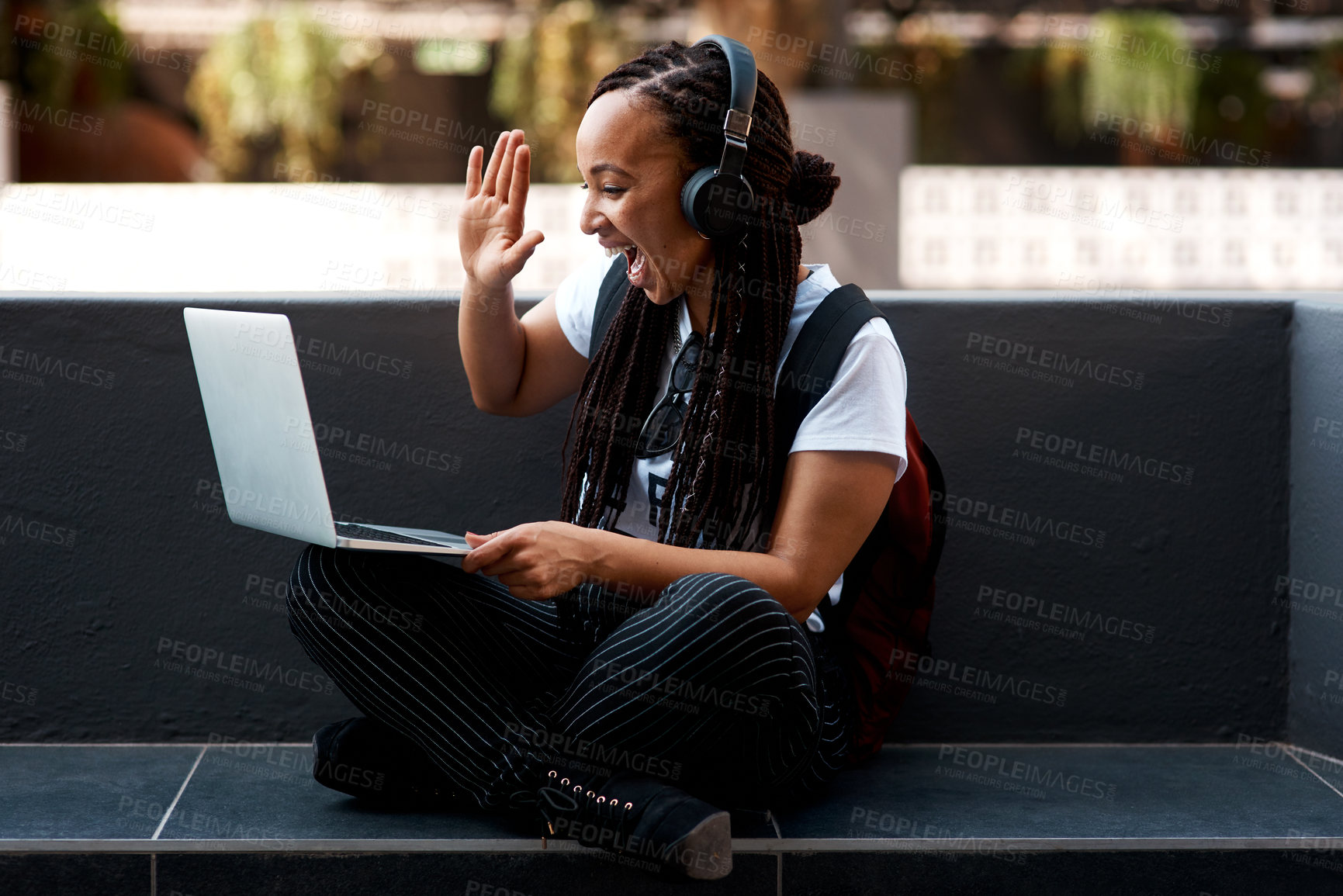 Buy stock photo Woman, student and headset for hello on laptop, video call and online classes for elearning and education. Internet, app and webinar for college or communication, conference call and happy discussion