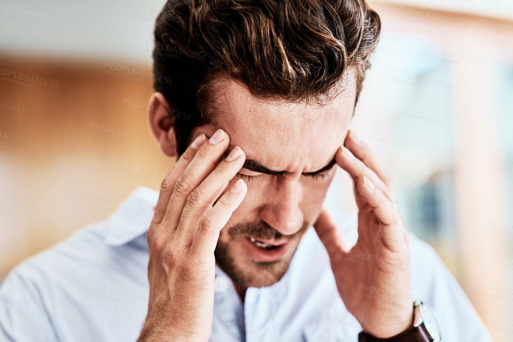 Buy stock photo Headache, man and pain in home with dizziness for brain fog, tired or stress on moving day. Massage temple, vertigo and male person with fatigue for migraine, health emergency or burnout in apartment