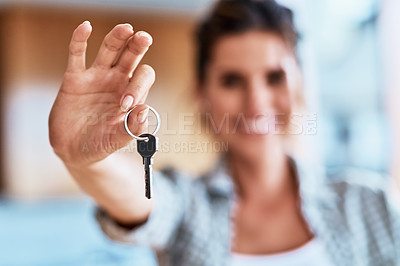 Buy stock photo Hand, woman and key for new home, property investment and real estate success or goal. Closeup, happy homeowner and show keychain for moving to dream property for rent lease, mortgage and sales deal