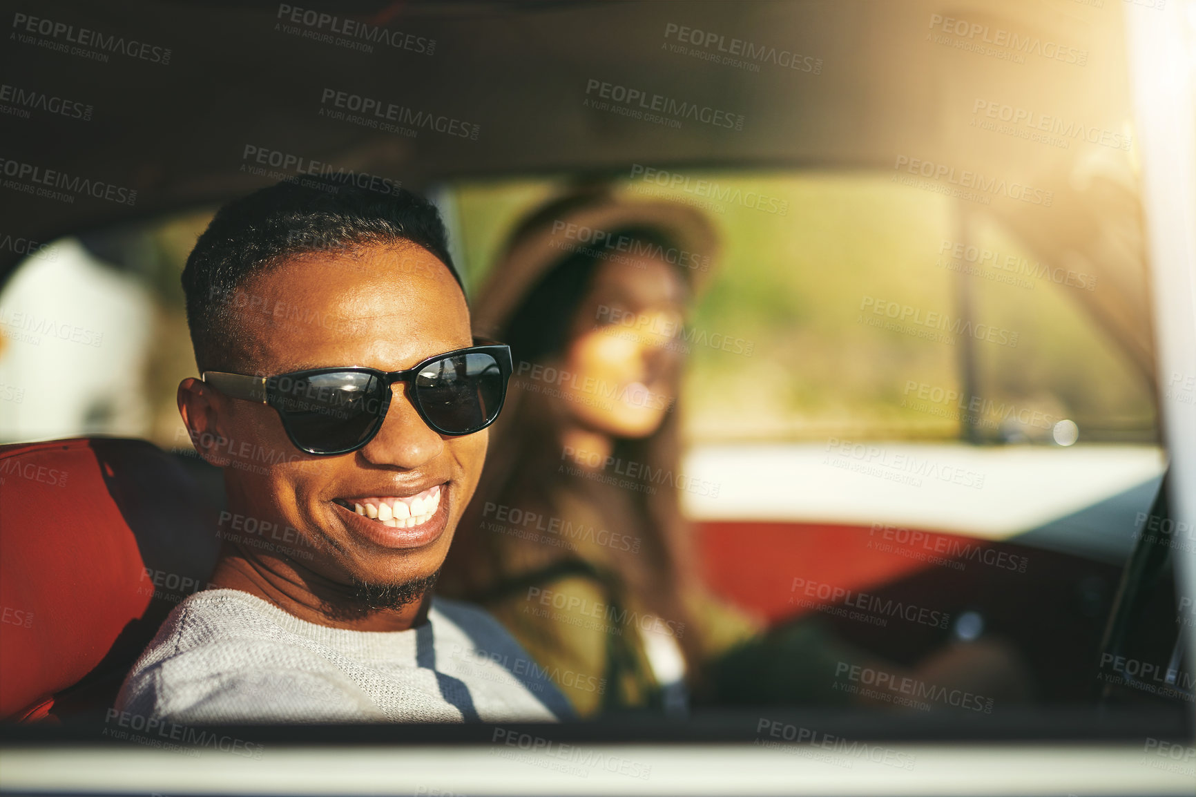 Buy stock photo Man, car and happy on window as driver for roadtrip, travel and adventure for break in Brazil. Couple, woman and smile as passenger on vehicle for transportation, journey and vacation for bonding