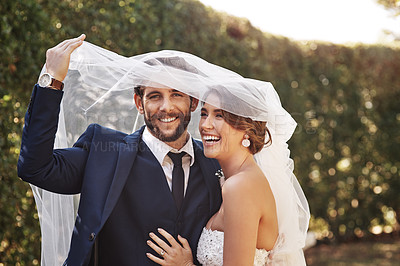 Buy stock photo Wedding, veil and couple with love, marriage and celebration for relationship, loyalty and commitment. Portrait, bride or groom with a smile, married or cover with dress with happiness in a garden