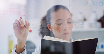 Buy stock photo Science, writing formula and woman in laboratory for research, analytics and study results for solution. Healthcare, glass wall and female scientist with book for chemistry, medicine and analysis