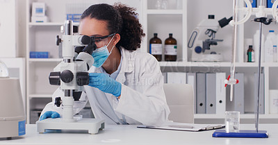 Buy stock photo Science, vaccine and microscope with woman in laboratory for expert research, medical and planning. Test, covid analysis and medicine with female scientist for chemistry, healthcare and pharmacy