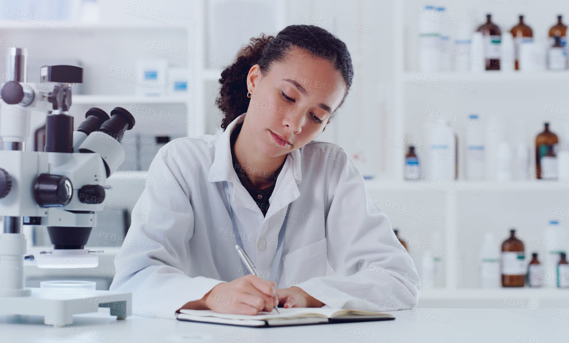 Buy stock photo Science, writing notes and woman in laboratory for research, analytics and study results with microscope. Healthcare, notebook and female scientist in lab write for planning, data and pharmacy report