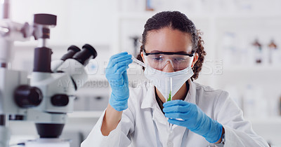 Buy stock photo Lab worker, woman scientist and plant chemical pour of employee with science work. Laboratory mask, medical test and chemistry for botany and ecology analysis doing futuristic research with sprout