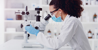 Buy stock photo Microscope, research and woman scientist in a lab for science, medicine and data analysis. Laboratory, healthcare and female health expert checking medical, results and working on a cure for cancer