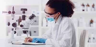 Buy stock photo Science, microscope and woman scientist writing for research, medicine and data analysis in a lab. Laboratory, healthcare and female health expert with book for medical, results and sample checklist