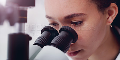 Buy stock photo Science, focus and microscope with woman in laboratory for expert research, medical and planning. Test, vaccine analysis and medicine with female scientist for chemistry, healthcare and pharmacy