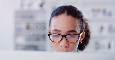 Buy stock photo Focus, computer and research with woman in laboratory for thinking, medical report or network. Healthcare, pharmacy and science expert with female scientist for internet, technology or medicine study
