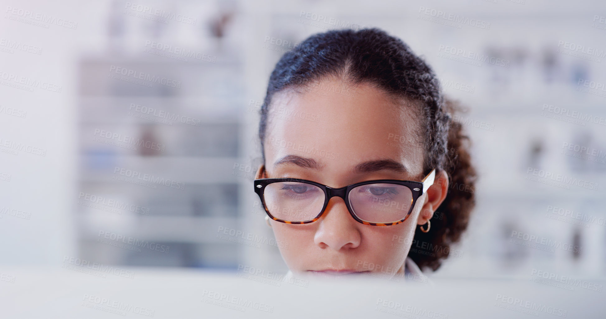 Buy stock photo Focus, computer and research with woman in laboratory for thinking, medical report or network. Healthcare, pharmacy and science expert with female scientist for internet, technology or medicine study