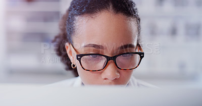 Buy stock photo Science, computer and research with woman in laboratory for glasses, medical report and network. Healthcare, pharmacy and expert with female scientist for internet, technology and medicine study