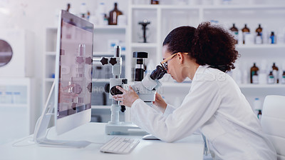 Buy stock photo Science, computer and microscope with woman in laboratory for expert research, medical and planning. Idea, vaccine analysis and medicine with female scientist for chemistry, healthcare and pharmacy