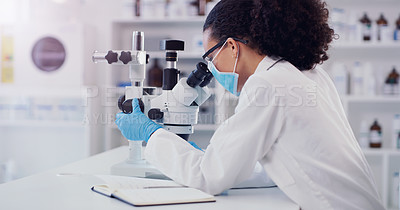 Buy stock photo Notebook, covid and microscope with woman in laboratory for science research, medical and planning. Idea, vaccine analysis and medicine with female scientist for chemistry, healthcare and pharmacy