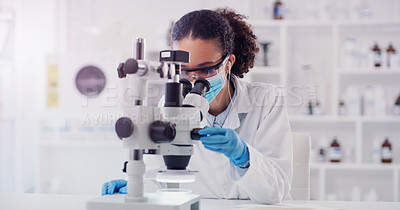 Buy stock photo Science, covid and pharmacy with woman and microscope in laboratory for expert research, medical and planning. Idea, vaccine analysis and medicine with female scientist for chemistry and healthcare