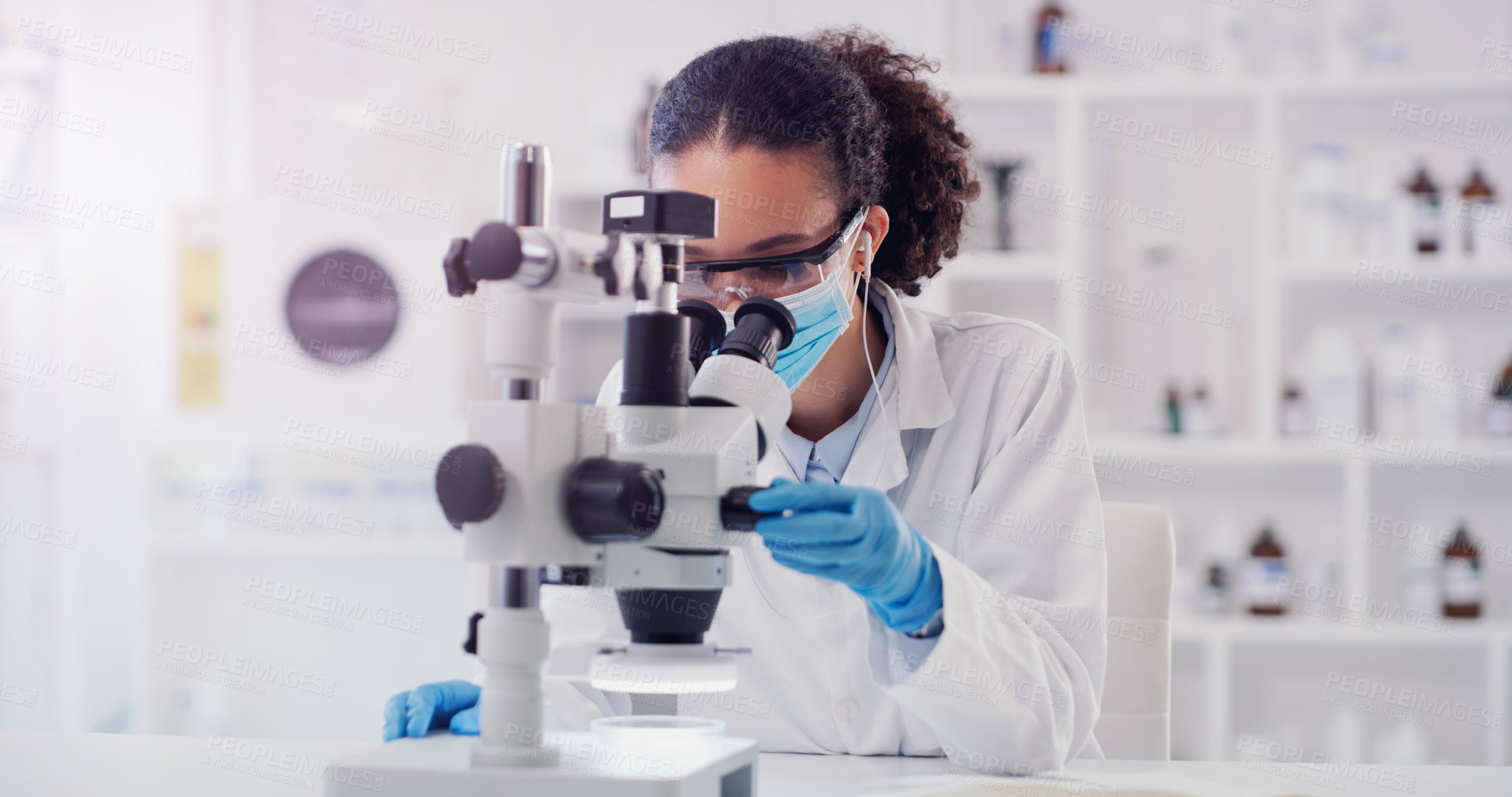 Buy stock photo Science, covid and pharmacy with woman and microscope in laboratory for expert research, medical and planning. Idea, vaccine analysis and medicine with female scientist for chemistry and healthcare