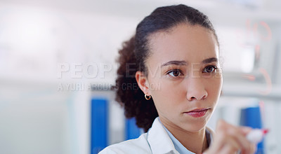 Buy stock photo Scientist planning woman writing research on clear board for science formula and data. Laboratory worker, female person and focus with analysis and futuristic vision for medical test with mockup