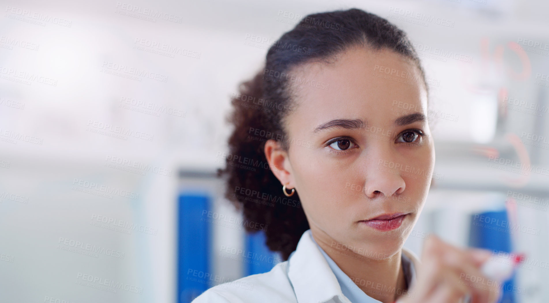 Buy stock photo Scientist planning woman writing research on clear board for science formula and data. Laboratory worker, female person and focus with analysis and futuristic vision for medical test with mockup