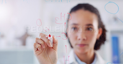 Buy stock photo Thinking, scientist formula and woman writing on clear board for science data research. Laboratory worker, female person and focus with planning and futuristic vision for chemistry test with hand