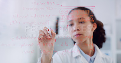 Buy stock photo Thinking, scientist hand and woman writing on clear board for science formula research. Laboratory worker, female person and focus with planning and futuristic vision for medical test with mockup
