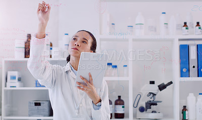 Buy stock photo Woman, scientist and tablet writing on glass for medical research, science and study results. Female person, chemistry and laboratory with test on wall for healthcare, medicine and innovation