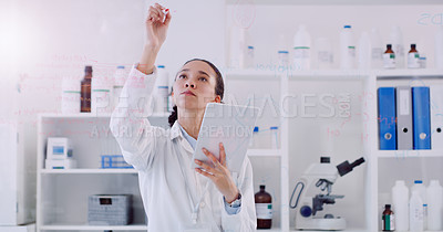 Buy stock photo Woman, scientist and writing on glass for research, medicine and study results or solution. Female person, chemistry and laboratory with data on wall for healthcare, analytics and innovation
