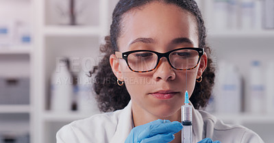 Buy stock photo Woman, scientist and needle in lab for study, research and innovation on healthcare. Face, venipuncture and chemicals with science for cure, vaccine and medication on virus or disease discovery