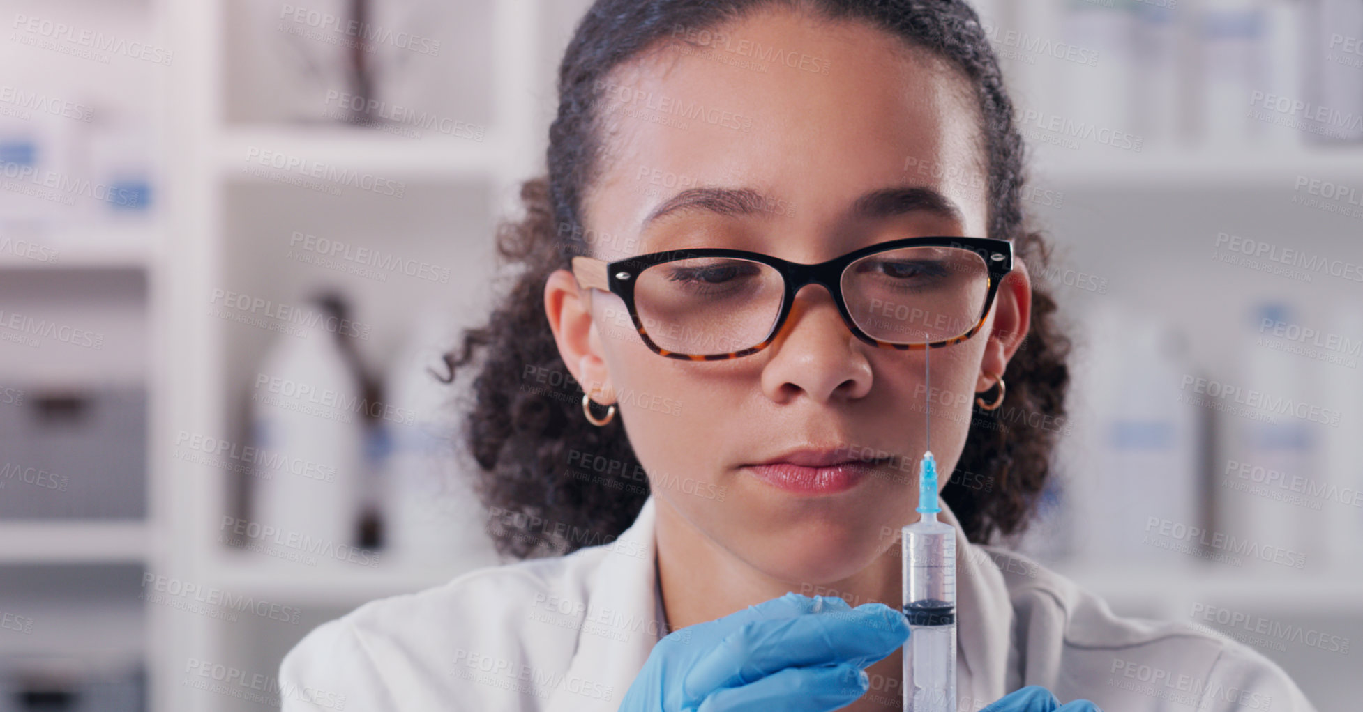 Buy stock photo Woman, scientist and needle in lab for study, research and innovation on healthcare. Face, venipuncture and chemicals with science for cure, vaccine and medication on virus or disease discovery