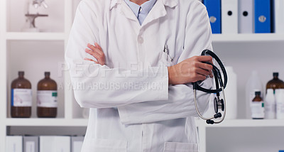 Buy stock photo Closeup, doctor and arms crossed with stethoscope in lab for healthcare, medical research and innovation. Laboratory worker, scientist and development in cardiology, pharmaceutical science and test