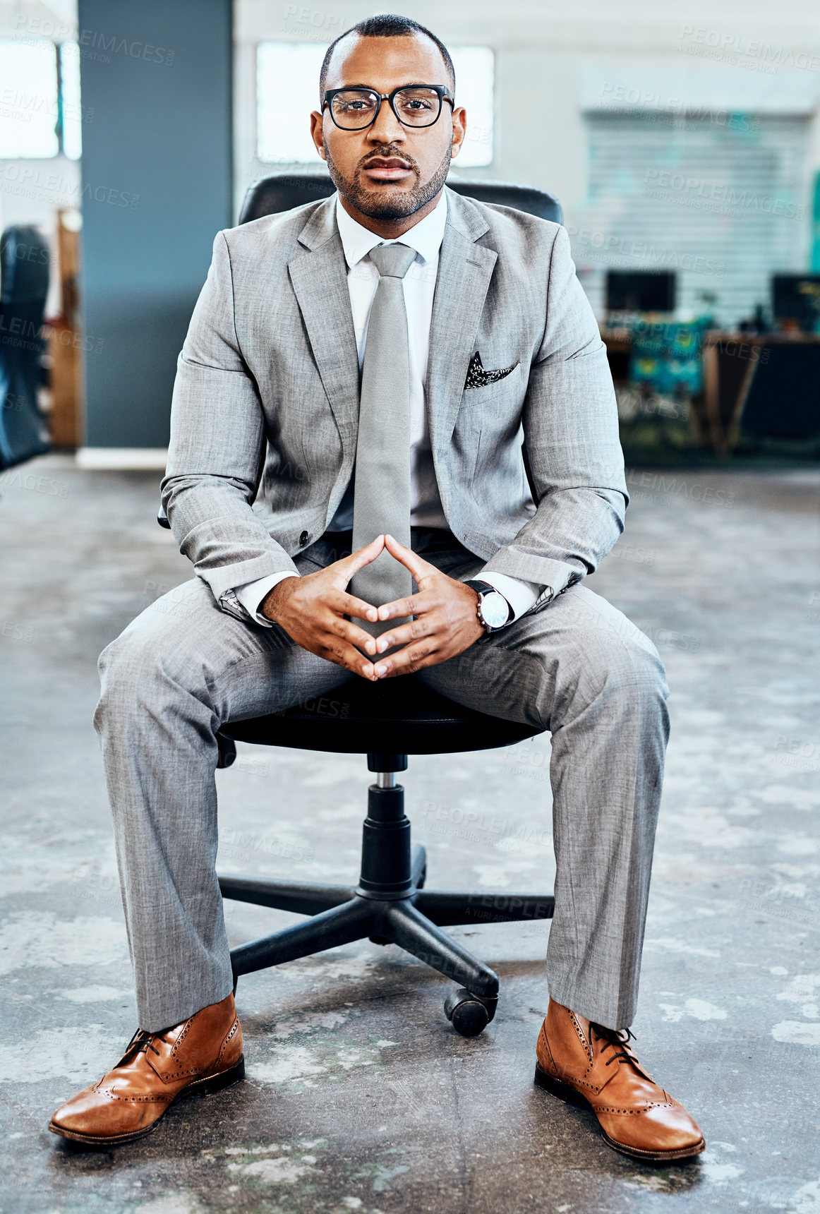 Buy stock photo Serious, confident and portrait of black man in office with entrepreneurship for trading career. Pride, glasses and risk analyst from Brazil with knowledge on foreign exchange investment growth.