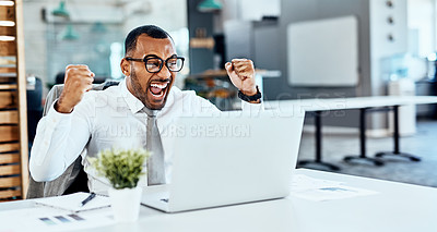 Buy stock photo Business man, winner and yes on computer success, news or bonus in celebration, cheers and wow in office. Excited, fist and winning, employee or person celebrate on laptop promotion, sales or results