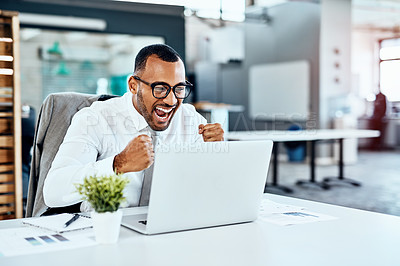 Buy stock photo Business man, winning and excited on laptop success, news or bonus in celebration, cheers and wow in office. Yes, fist and winner, employee or person celebrate on computer promotion, sales or results