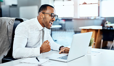 Buy stock photo Business man, laptop and trading, winning in investment with celebration and cheers in office with excited employee. Male trader at desk, pc and bonus with investing success, winner and achievement