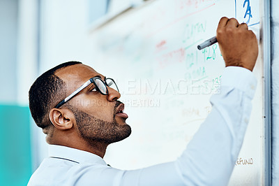 Buy stock photo Writing, whiteboard and business man planning, brainstorming and job management or project schedule. Planner, solution and problem solving of focus african person on board reminder, date and numbers