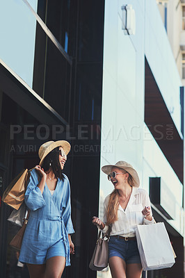 Buy stock photo Excited, friends and women with shopping bags in city for fashion sunglasses, discount deal or luxury clothes. Black Friday, happy girls or gift outdoor at mall for funny conversation, promo or laugh