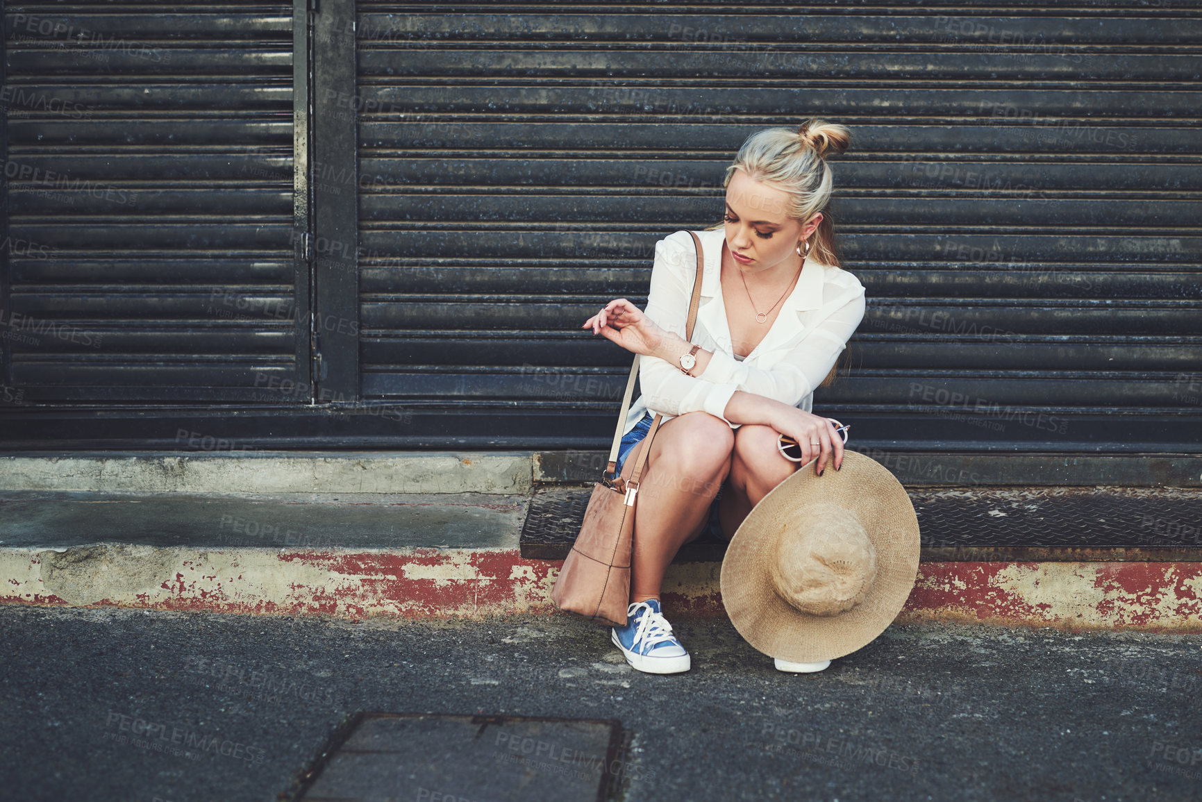 Buy stock photo Woman, upset and watch with time checking wristwatch while waiting downtown in city for date. No show, late or timing for appointment frustrated with schedule for vacation in urban town alone