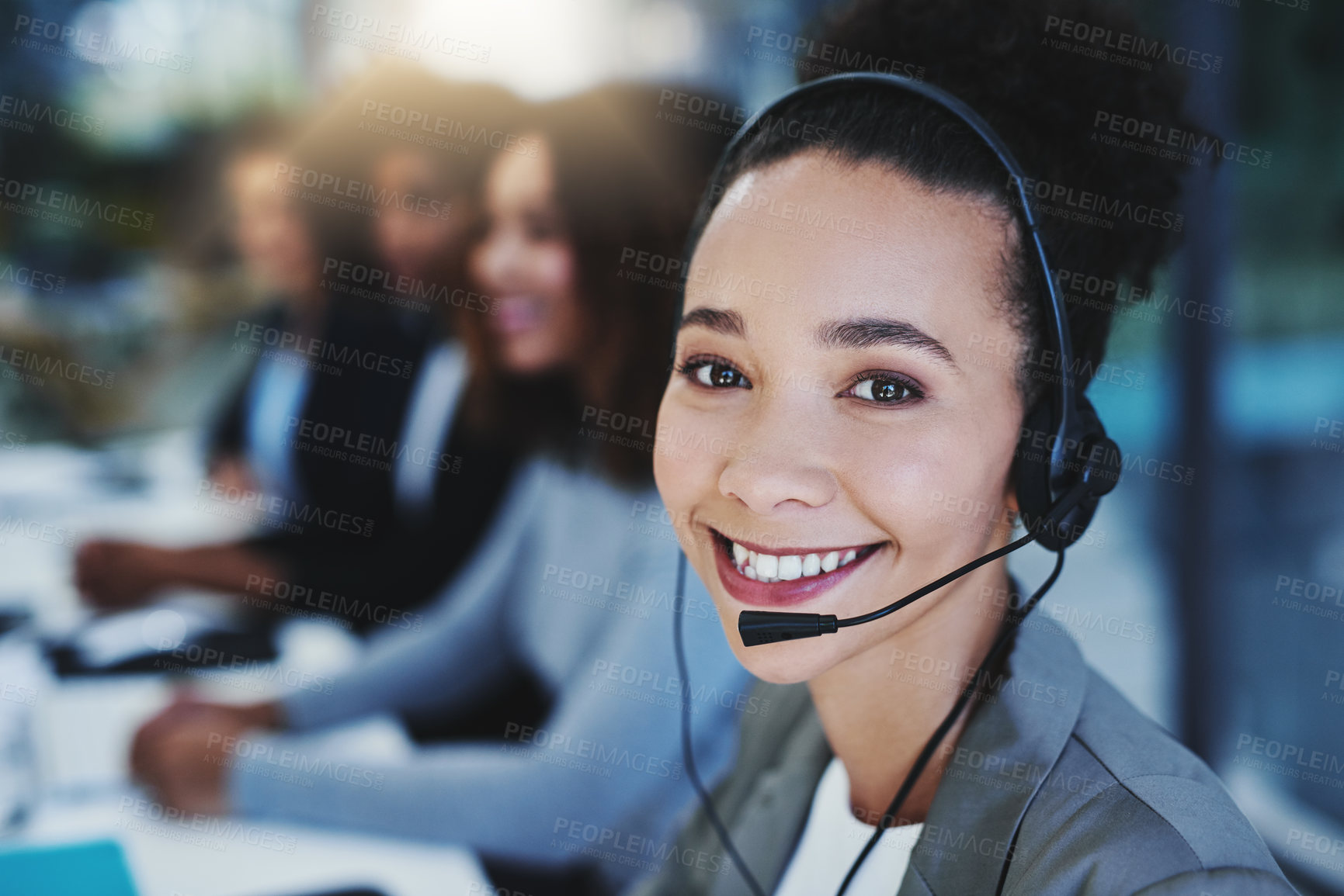 Buy stock photo Woman, headphones and call center in office, portrait and customer service for conversation and online support. CRM, telemarketing and consultant for career, operator and female person for hotline