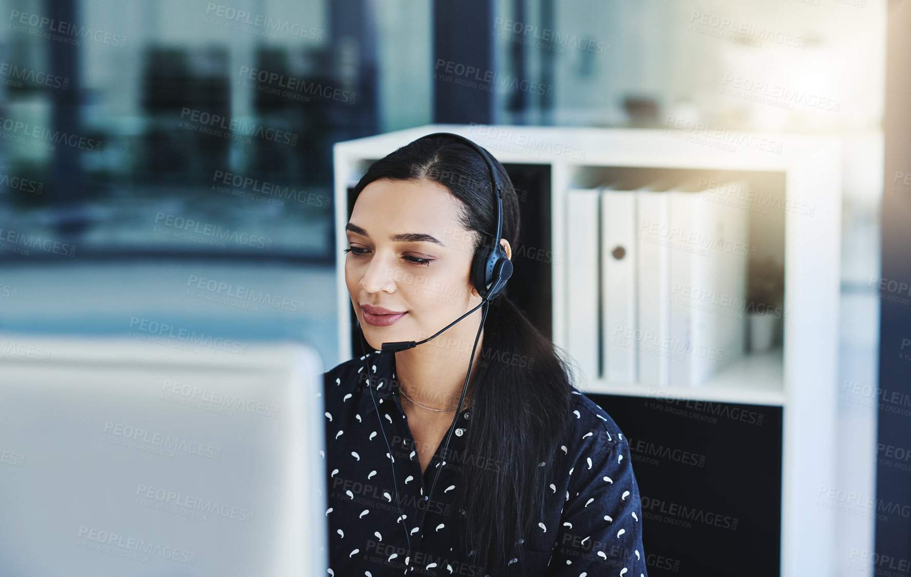 Buy stock photo Happy, help desk and woman in office, telemarketing and discount deal with tech support. Advice, person and employee with pc, headphones and sales consultant with crm, friendly service and contact us